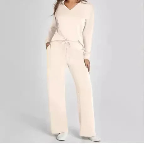 Velvent - Loose-Fit V-Neck Top & Flared Pants Set