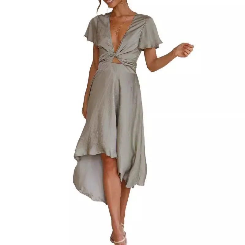 Debrest - Women's Ruffle V-Neck Hem A-Line Dress