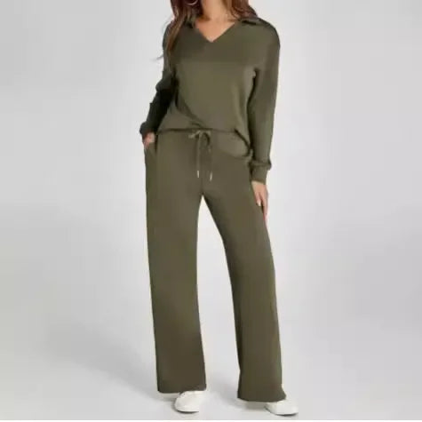 Velvent - Loose-Fit V-Neck Top & Flared Pants Set