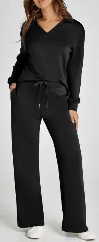 Velvent - Loose-Fit V-Neck Top & Flared Pants Set