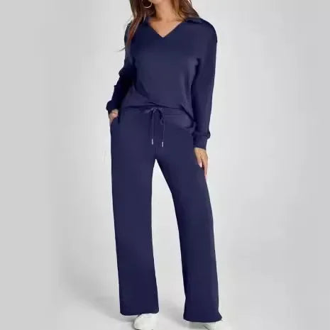 Velvent - Loose-Fit V-Neck Top & Flared Pants Set