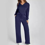 Velvent - Loose-Fit V-Neck Top & Flared Pants Set