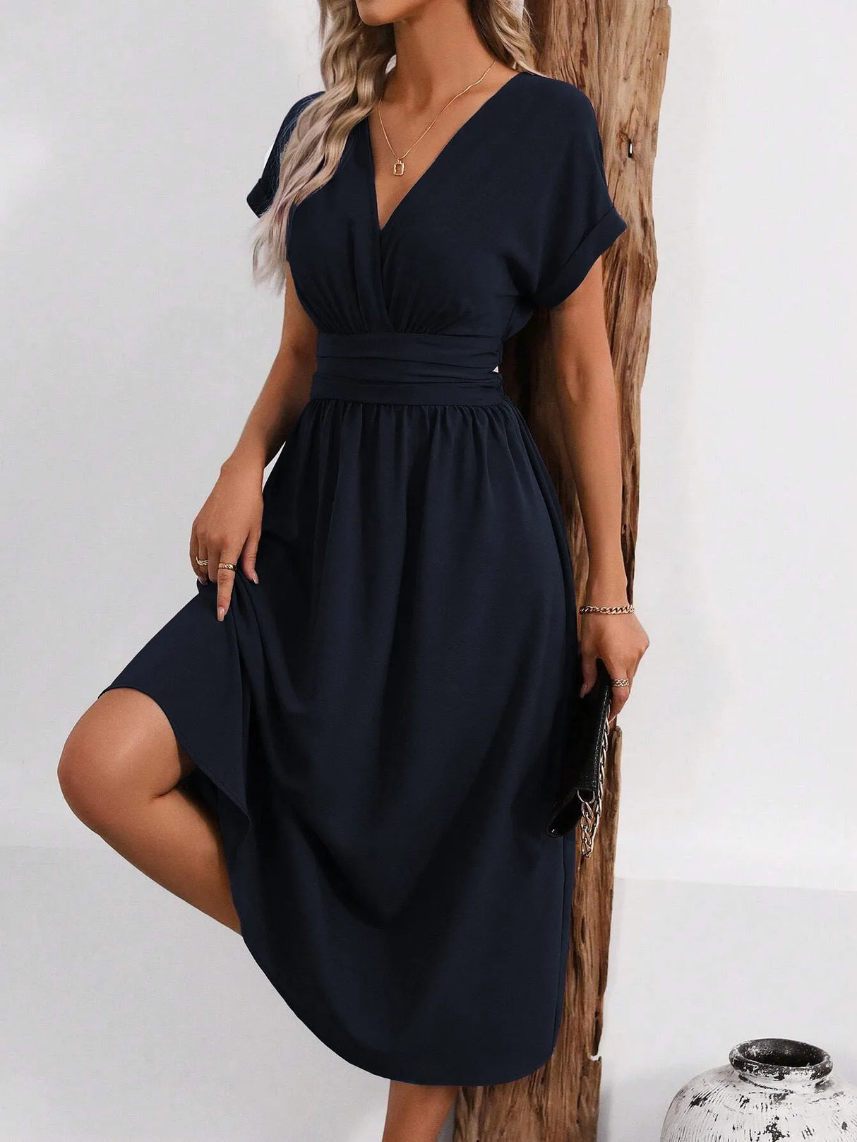 Solisse - Pleated V-Neck Dress