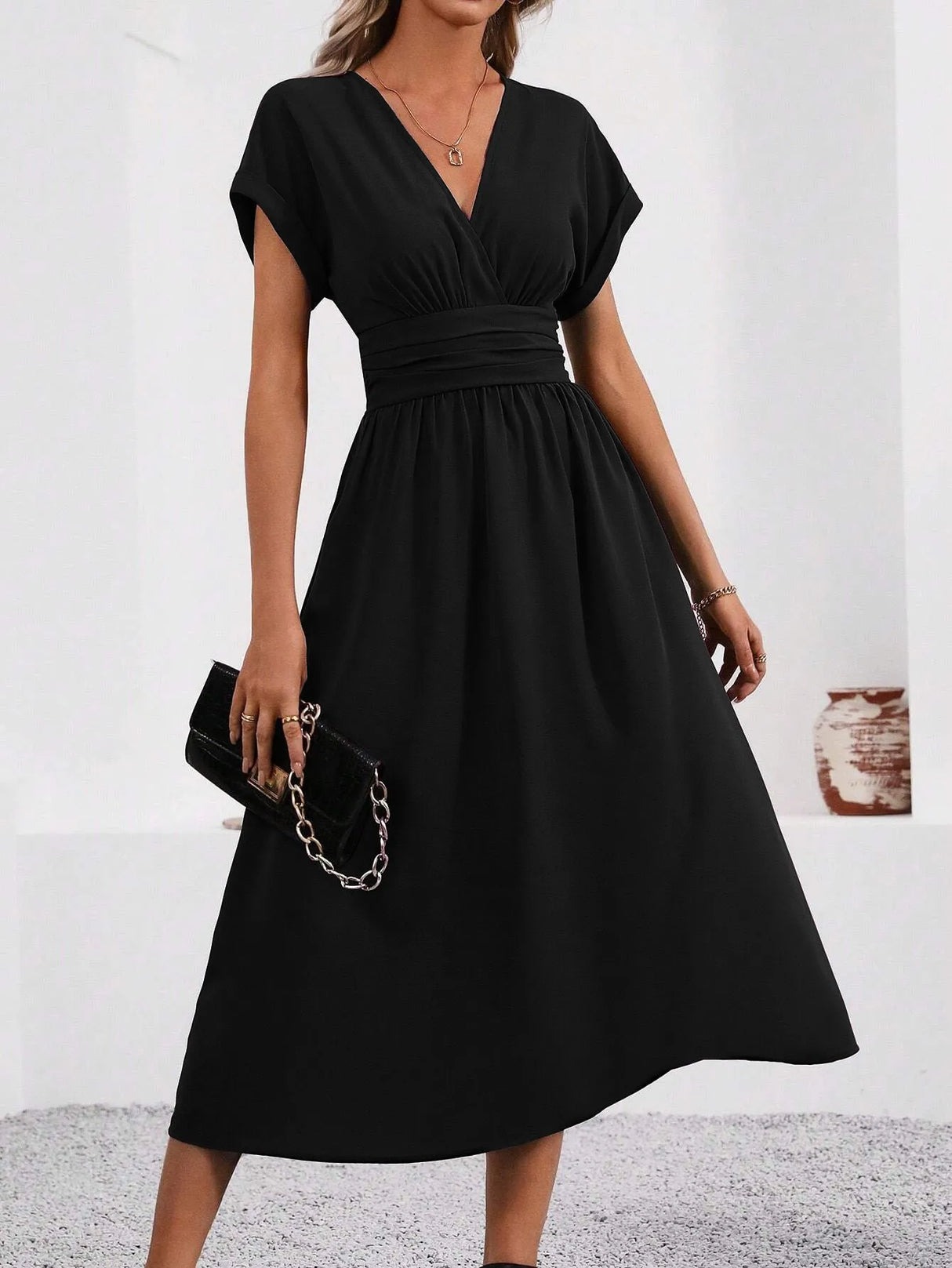 Solisse - Pleated V-Neck Dress