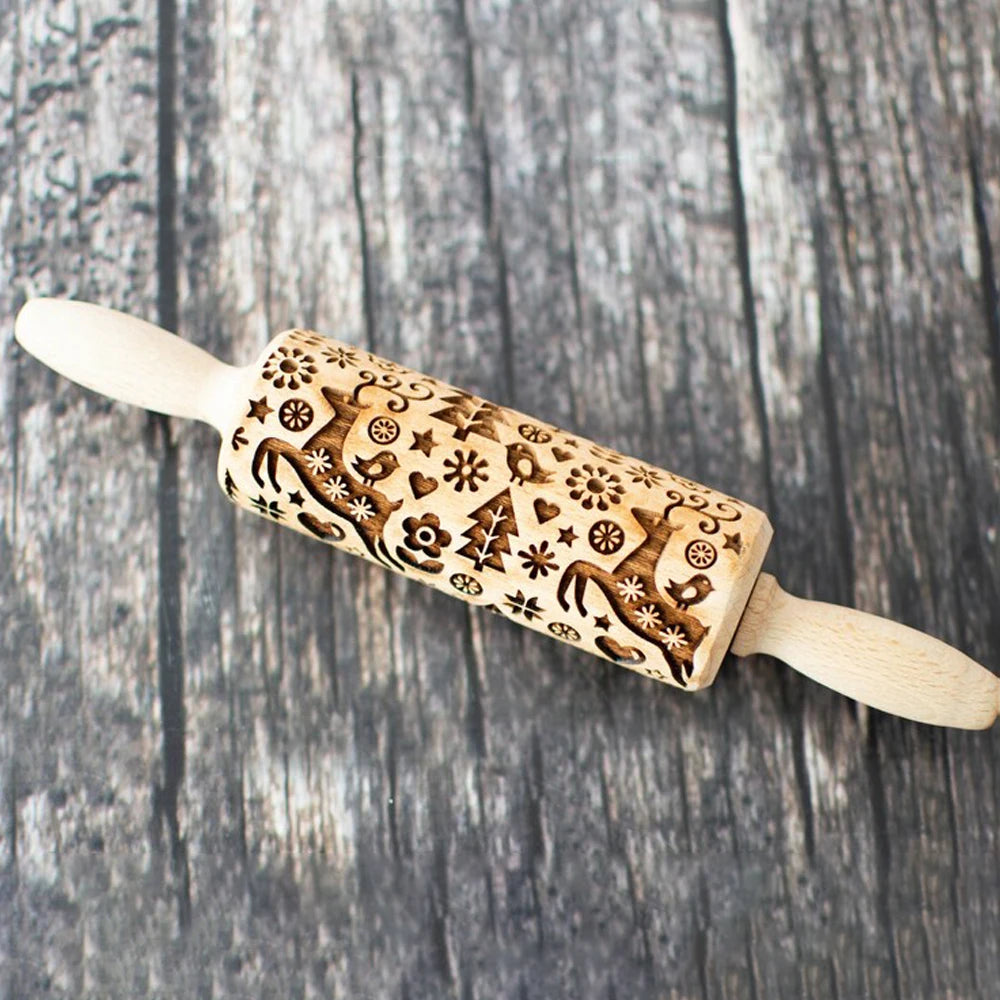 Woodykin - Wooden Rolling Pin with Deer Floral Design (1Pcs)