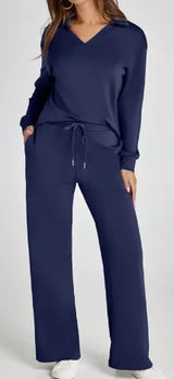 Velvent - Loose-Fit V-Neck Top & Flared Pants Set