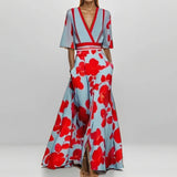 Wedola - Women’s V-Neck Belted Boho Print Maxi Dress