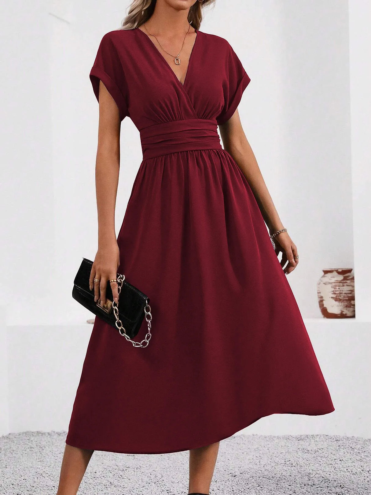 Solisse - Pleated V-Neck Dress