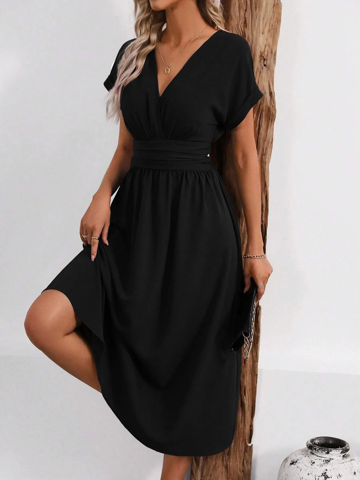 Solisse - Pleated V-Neck Dress
