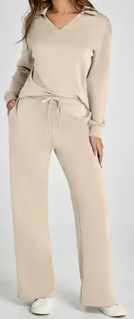 Velvent - Loose-Fit V-Neck Top & Flared Pants Set