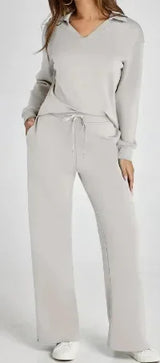 Velvent - Loose-Fit V-Neck Top & Flared Pants Set