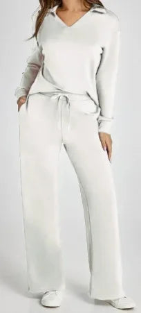 Velvent - Loose-Fit V-Neck Top & Flared Pants Set