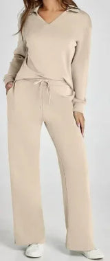 Velvent - Loose-Fit V-Neck Top & Flared Pants Set