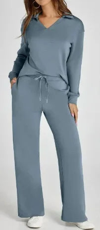 Velvent - Loose-Fit V-Neck Top & Flared Pants Set