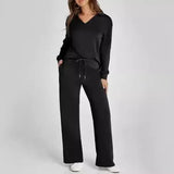 Velvent - Loose-Fit V-Neck Top & Flared Pants Set