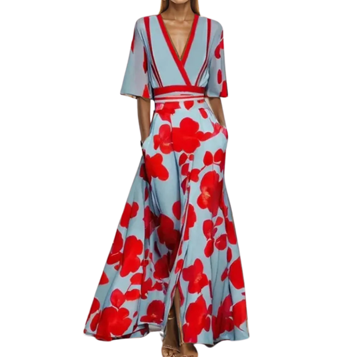 Wedola - Women’s V-Neck Belted Boho Print Maxi Dress