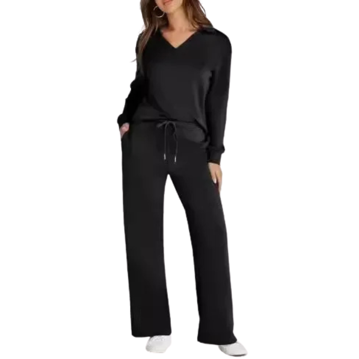 Velvent - Loose-Fit V-Neck Top & Flared Pants Set